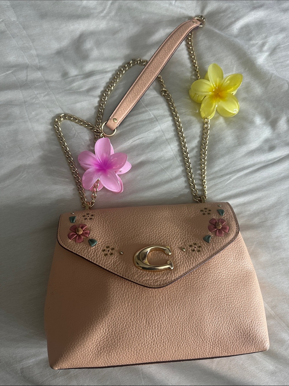 Coach Pink Floral Pebbled Leather Shoulder Bag with Gold Chain